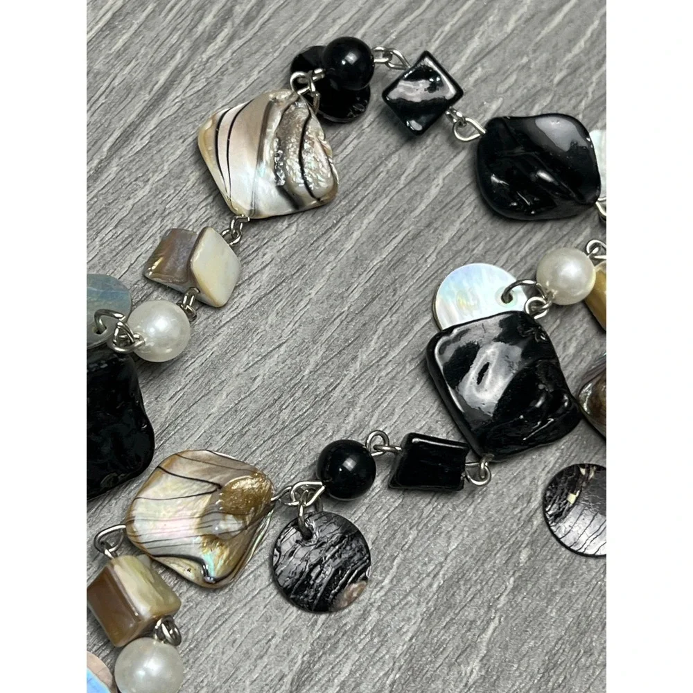 Black Mother of Pearl Shell Faux Pearl Long Layered Statement Necklace Silver